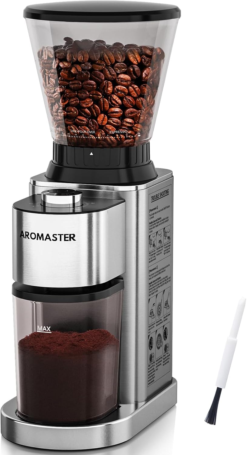 Coffee Grinder Burr - Conische koffiebonenmolen, 48 instellingen, antistatisch, zilver